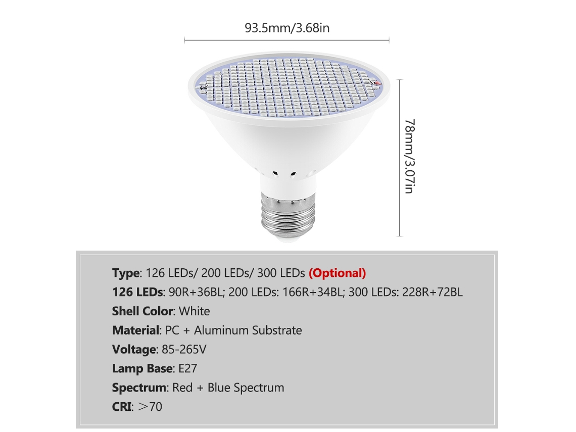Lâmpada de Crescimento LED E27 300 Leds Espectro Vermelho e Azul para Plantas Internas Mudas Suculentas Estufa | S/MARCA