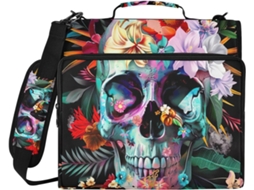 Pasta Organizadora Com Estampa Floral De Caveira Colorida, 3 Argolas E Compartimento Laptop, Resistente À Água