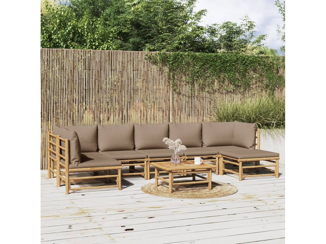 Vidaxl 8 Pcs Conj. Lounge Jardim Bambu Almofadões Cinzento-acastanhado