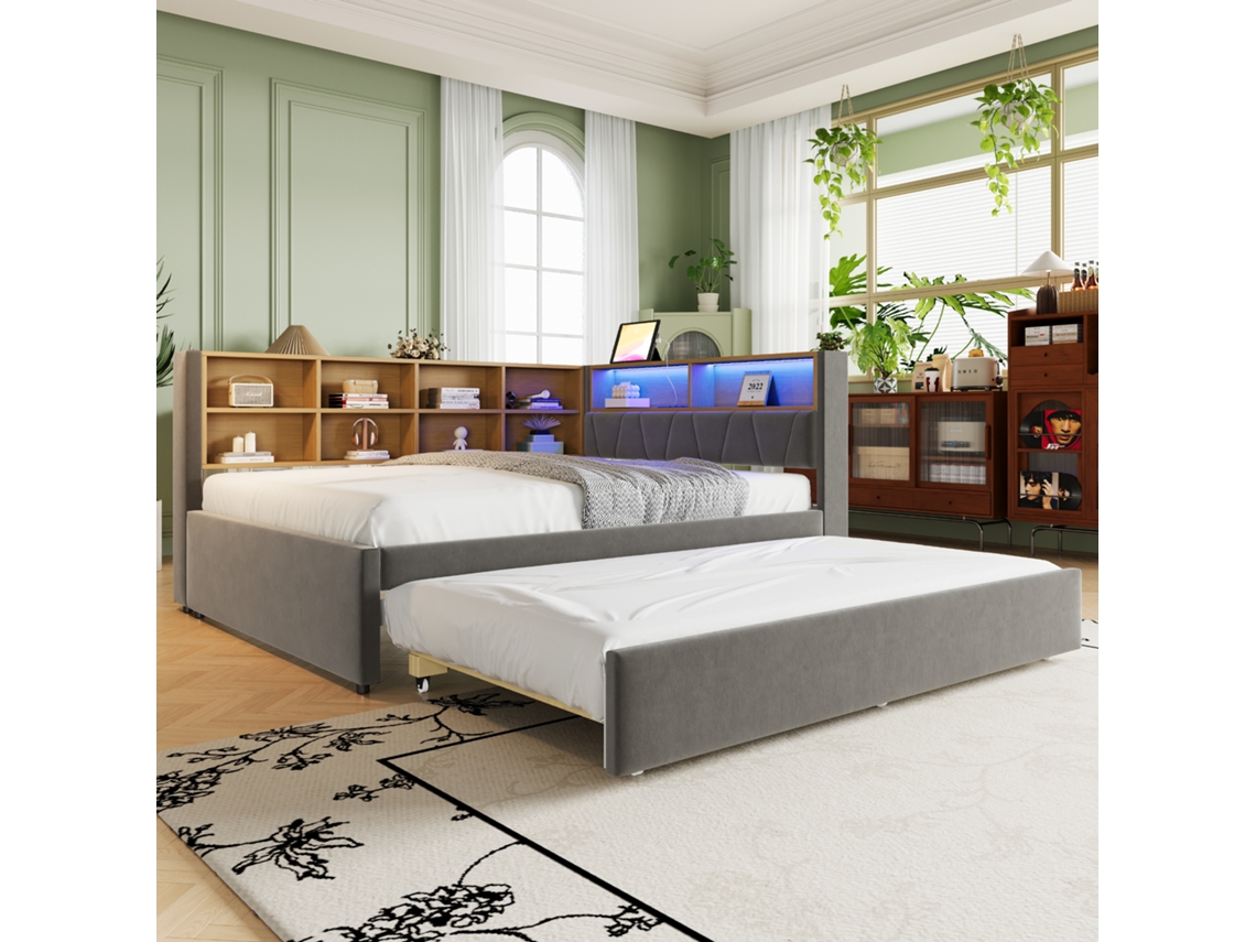Sofá Cama 140x200 Berço 90x190 Led Tomadas Armários Flanela Cinza Escuro
