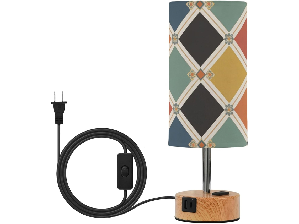 Luminária De Mesa Yuiboo Estilo Fazenda Com Estampa Retrô Losangos, Portas Usb Tipo C E A, Lâmpadas Inclusas, Ideal Para