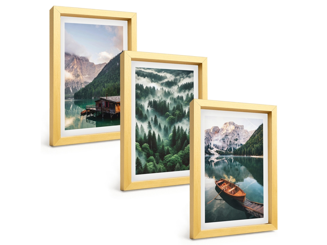 Composição De Quadros Montanha, Lago, Barco, Floresta, Neblina Espelharte (3 Peças 20x30 Cm)