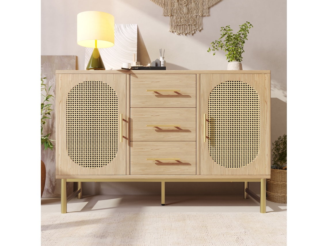 Aparador Em Rattan Com 3 Gavetas E 2 Portas Em Rattan, Cómoda, Toucador, Para Quarto E Sala, Prateleiras Ajustáveis