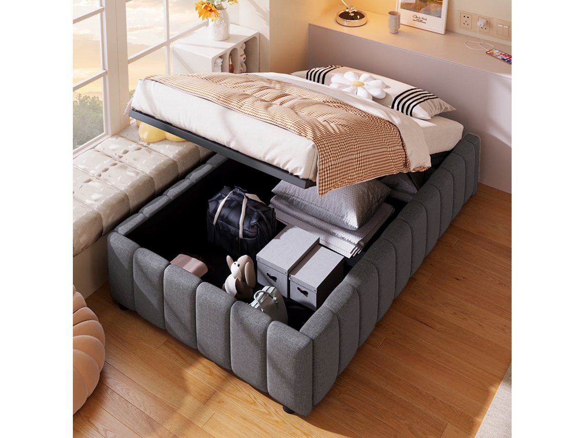 Cama Polster 90x200cm Suporte Hidráulico Sem Cabeceira Cinza