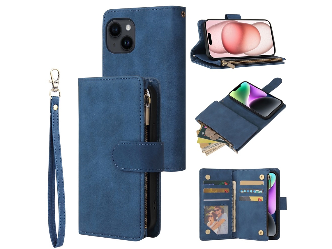 Capa Quedas Para Iphone 15 Pele Sintética Com Porta-cartões Azul