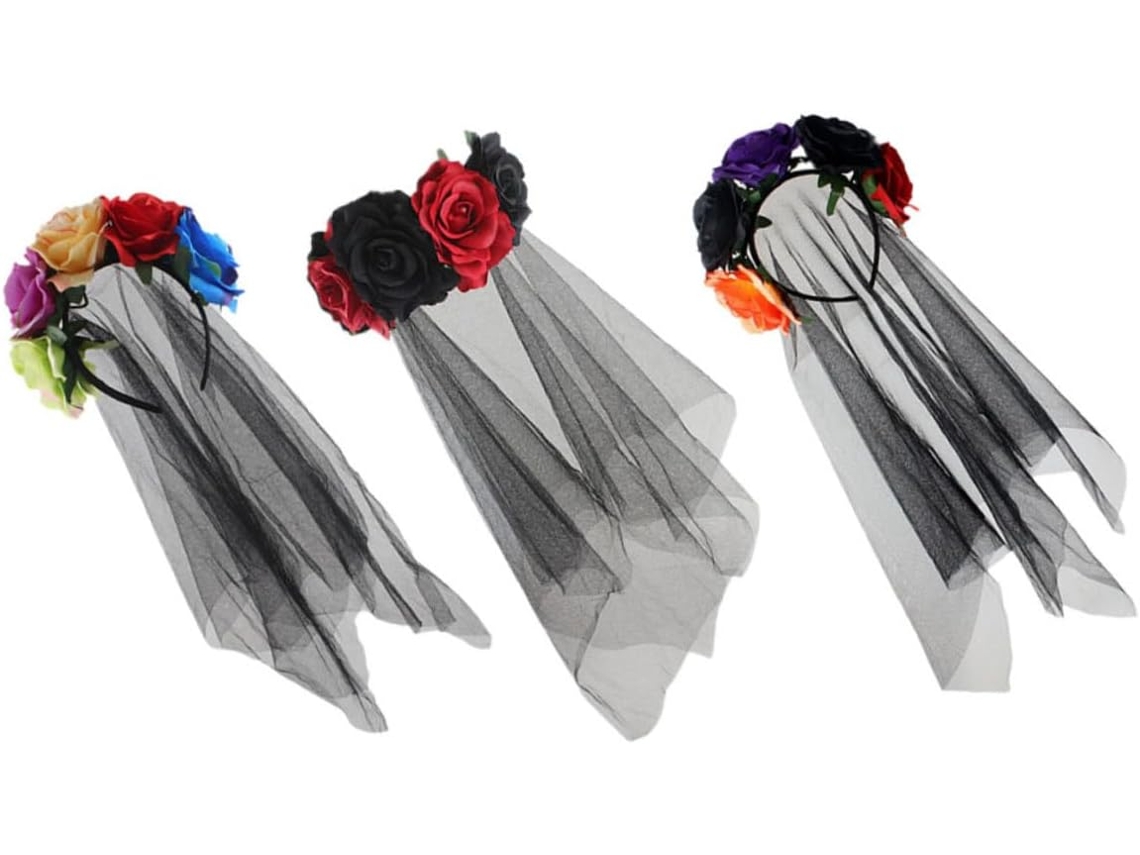 Conjunto De 3 Tiaras Para O Dia Dos Mortos Com Rosas Artificiais E Véu Preto - Acessórios De Halloween