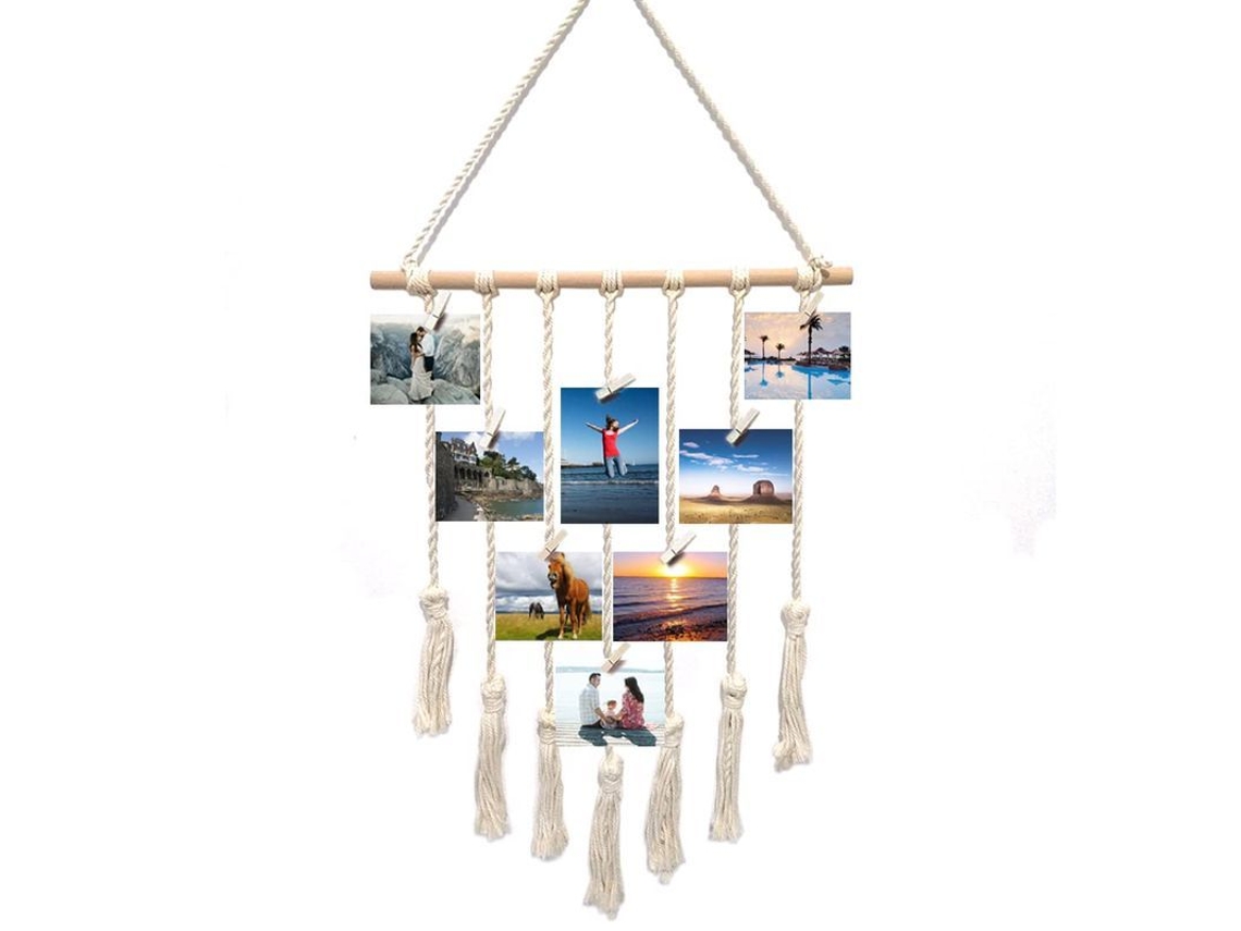 Quadro de fotos em macramê decorativo boho com 25 grampos de madeira para parede S/MARCA