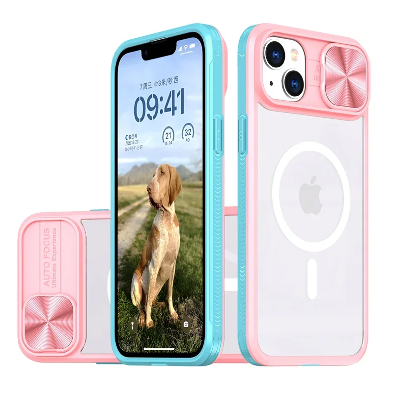 Capa Protetora Com Carregamento Sem Fio Magnético Magsafe (iphone 11 Pro Max, Rosa) Com Tampa Deslizante De Acrílico Para Lente.