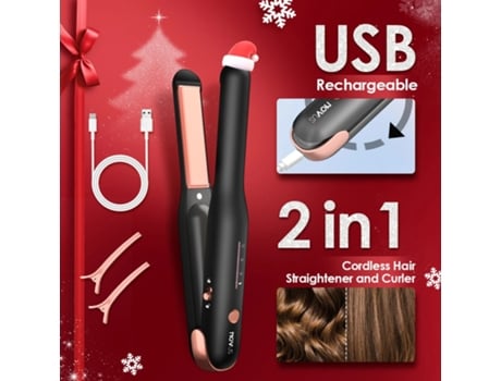 Alisador de cabelo sem fio e Curler 2 em 1 USB Mini Ceramic Fast Heating Alisador de cabelo portátil para presente de ano novo