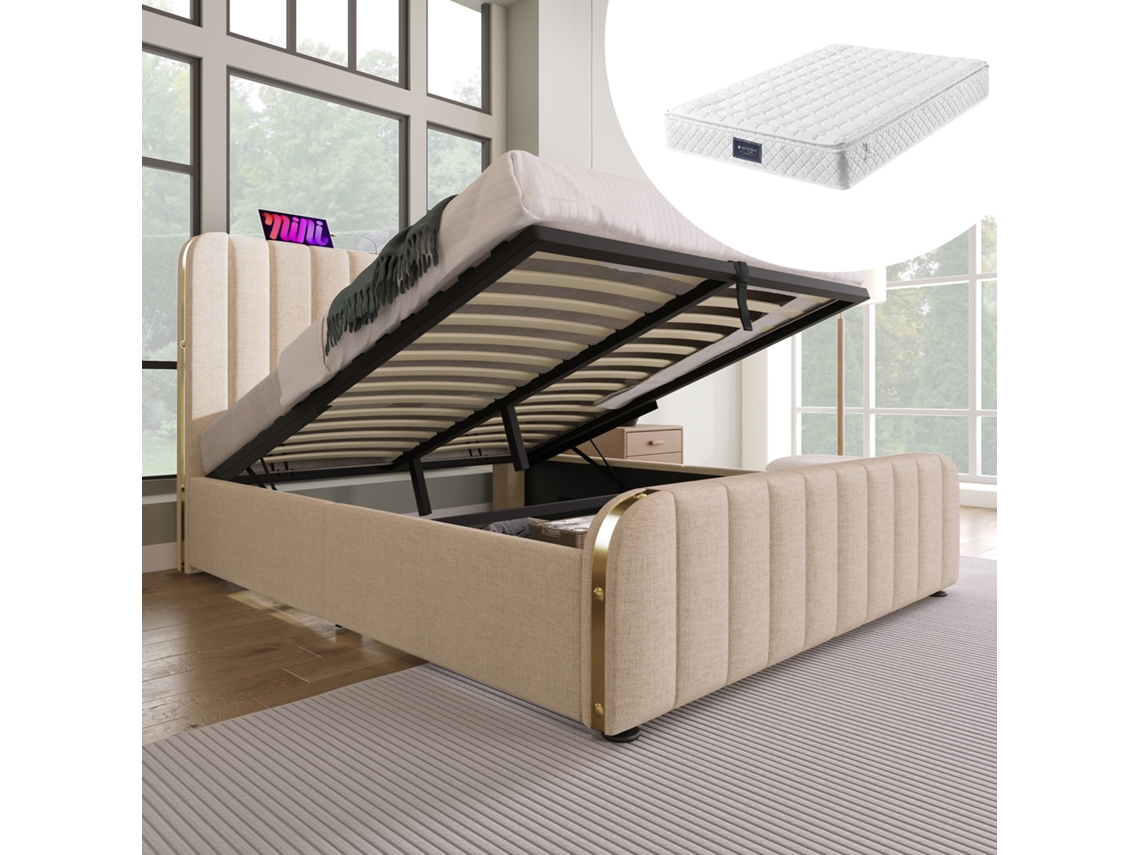 Cama Box Dupla 140x200 Cm Com Apoio Cabeça Usb-c Bege Linen Dourado