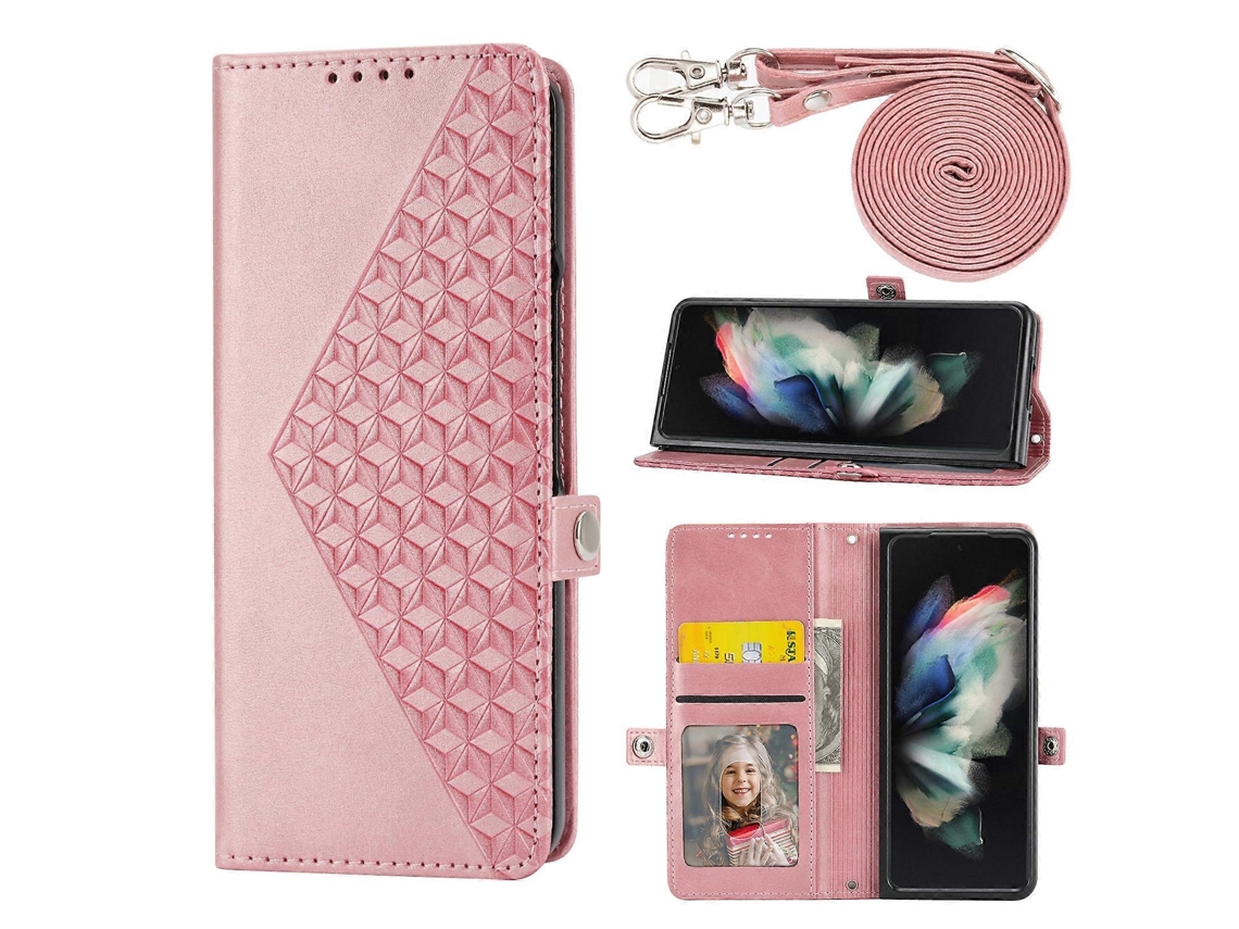 Capa Para Samsung Galaxy Z Fold4 Em Couro Com Textura De Grade Cúbica E Alça Para Pescoço.