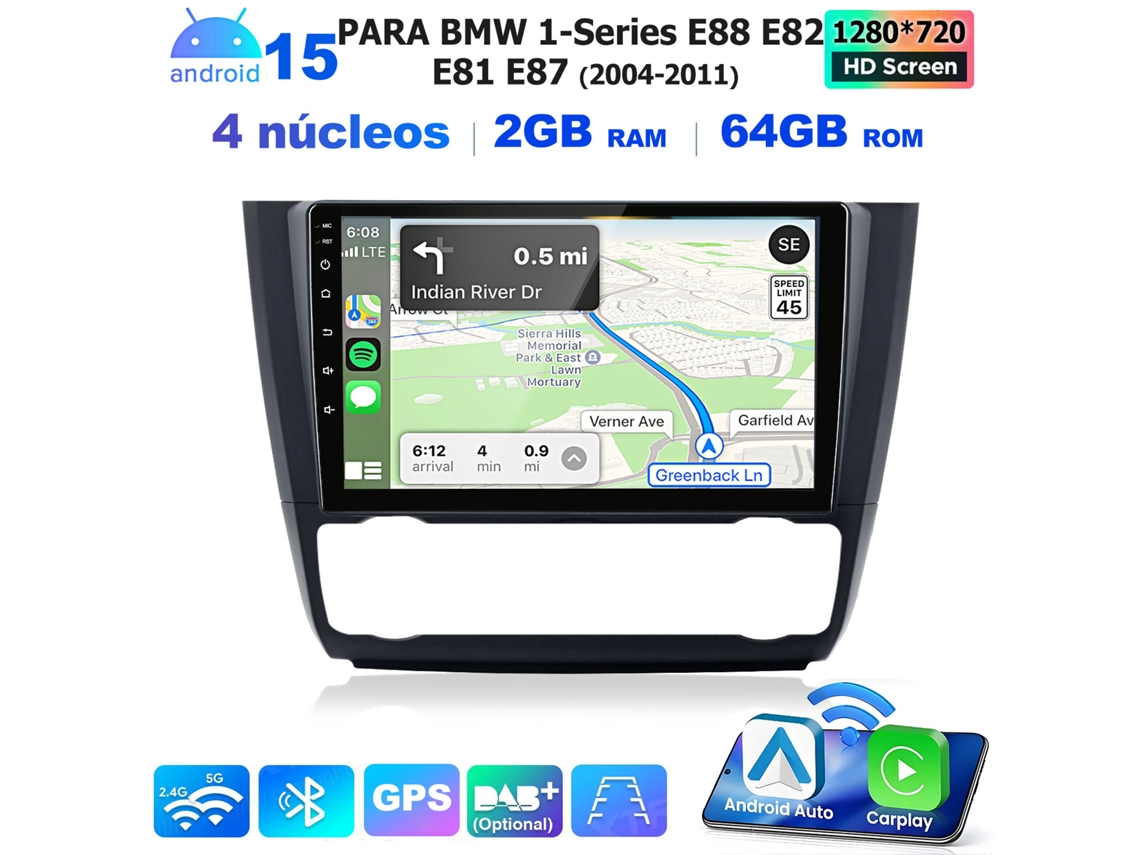 Rádio Carplay Sem Fios 9" para Bmw Série 1 E81 E82 E87 E88 2004 2011 2gb+64gb Android Auto Wifi Gps 4 Núcleos JUNSUN