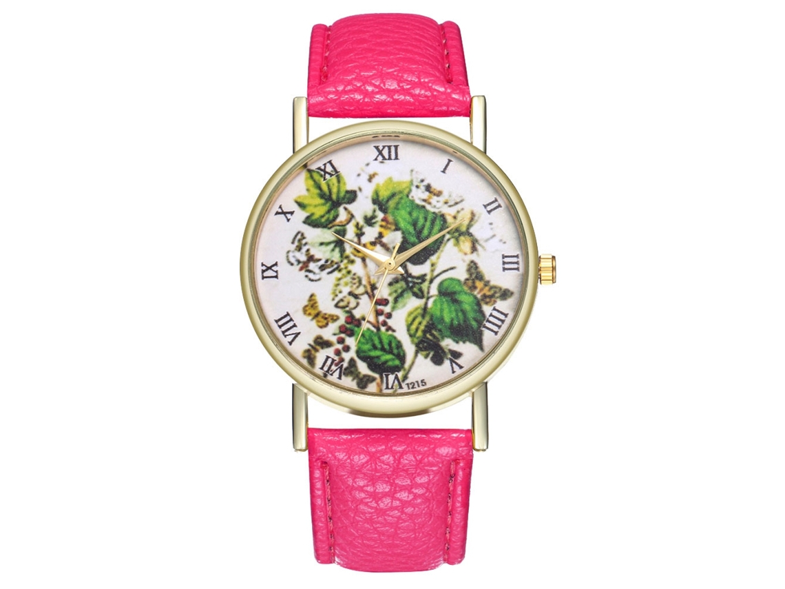 Relógio de pulso analógico de quartzo com mostrador redondo e design elegante (rosa e vermelho)