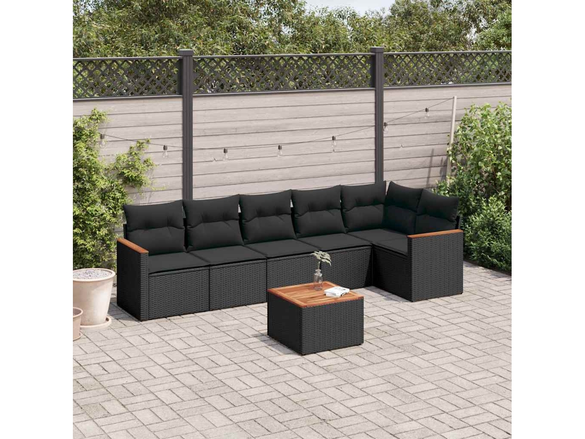 Vidaxl 7 Pcs Conjunto De Sofás P/ Jardim C/ Almofadões Vime Pe Preto
