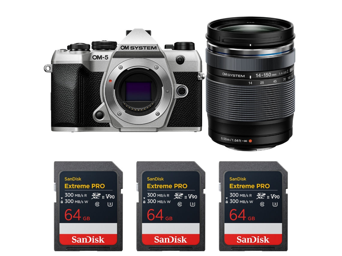Om 5 Mark Ii Prateado + 14 150mm F/4 5.6 Ii + 3 Sandisk 64gb Extreme Pro Uhs ii Sdxc + Ebook “20 Dicas para Fotos Que Impressionam” OM SYSTEM