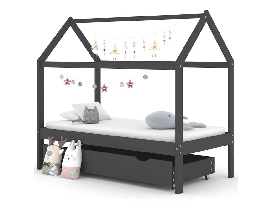 Vidaxl Cama P/ Crianças C/ Gaveta 80x160 Cm Pinho Maciço Cinza-escuro