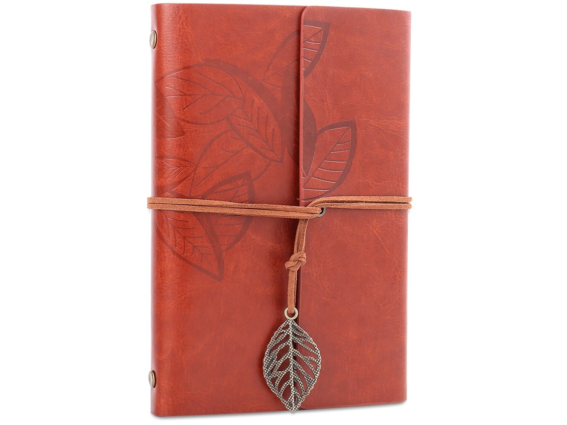 Cuaderno de cuero sintético marrón, diario de viaje vintage para hombre y mujer, con colgante de hoja - aquaforge