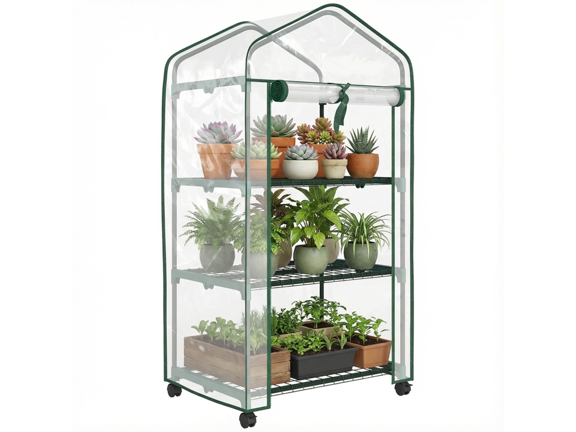 Mini Estufa de Jardim 3 Prateleiras com Rodízios BTFORUS (69x49x130cm) Transparente