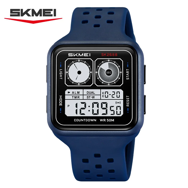 Relógio Eletrônico MDUG com Caixa Quadrada Pulseira de Silicone À Prova D'água Multifuncional para Homens (azul)