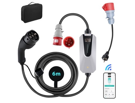 Cabo de carregamento para veículos elétricos tipo 2, 16 A, 11 kW, 6 m, carregador para veículos elétricos com plugue CEE, controle por Wi-Fi/aplicativo, corrente ajustável, adaptador Schuko para CEE 16 A