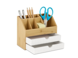 Organizador De Mesa Em Bambu Com 2 Gavetas E 5 Compartimentos.