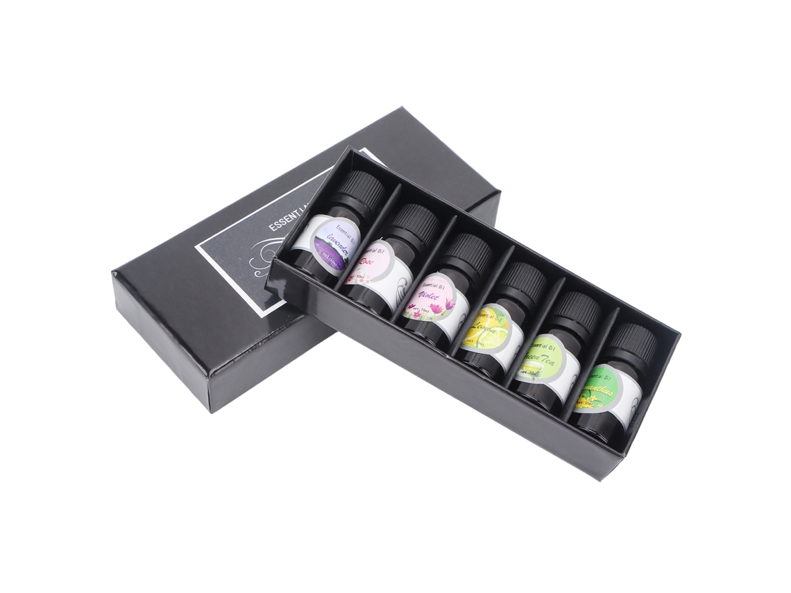 Conjunto de 6 óleos essenciais de aromaterapia solúveis em água de 10 ml para difusores e salas de massagem.