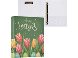 Pasta de 3 Argolas para Tamanho Carta , Papel com Estampa Tulipas e Ovos Páscoa, Organizador R (27,9 X 21,6 Cm)