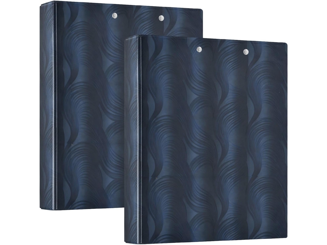 Pasta escolar com três argolas e sacolas, estampa abstrata de ondas em azul escuro, 1 unidade, dobrada em 5 partes, pacote com 1 pasta com 2 unidades.