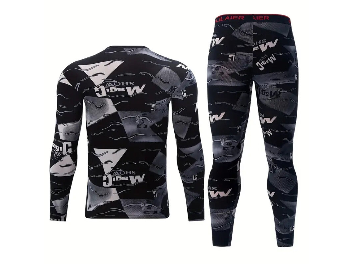 Preto Xl Tengoo Conjunto Térmico Masculino Compressão Estampa Letras Manga Comprida Calça Legging Respirável Absorção Umidade Esqui Corrida
