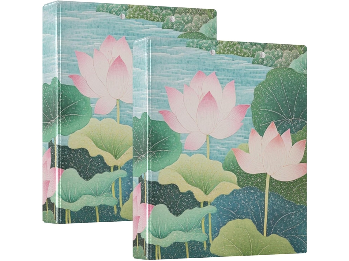 Pasta De 3 Argolas Com Estampa Paisagem Chinesa Verde Rosada, 3, 8cm 1, 5 Polegadas, Lírio D Água, Com Bolsos Internos