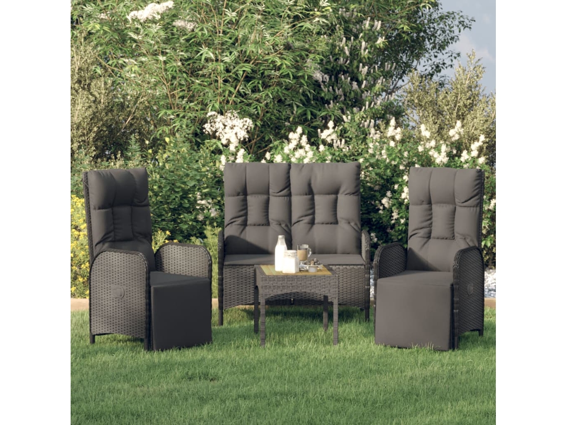 3 Pcs Conjunto De Jantar P/ Jardim C/ Almofadões Vime Pe Preto Dkd Home Decor