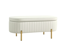 Banco Baú Oval 72l com Tampa Elevável em Tecido Aveludado e Madeira,108x44x43,5 Cm,cor Creme BTFORUS