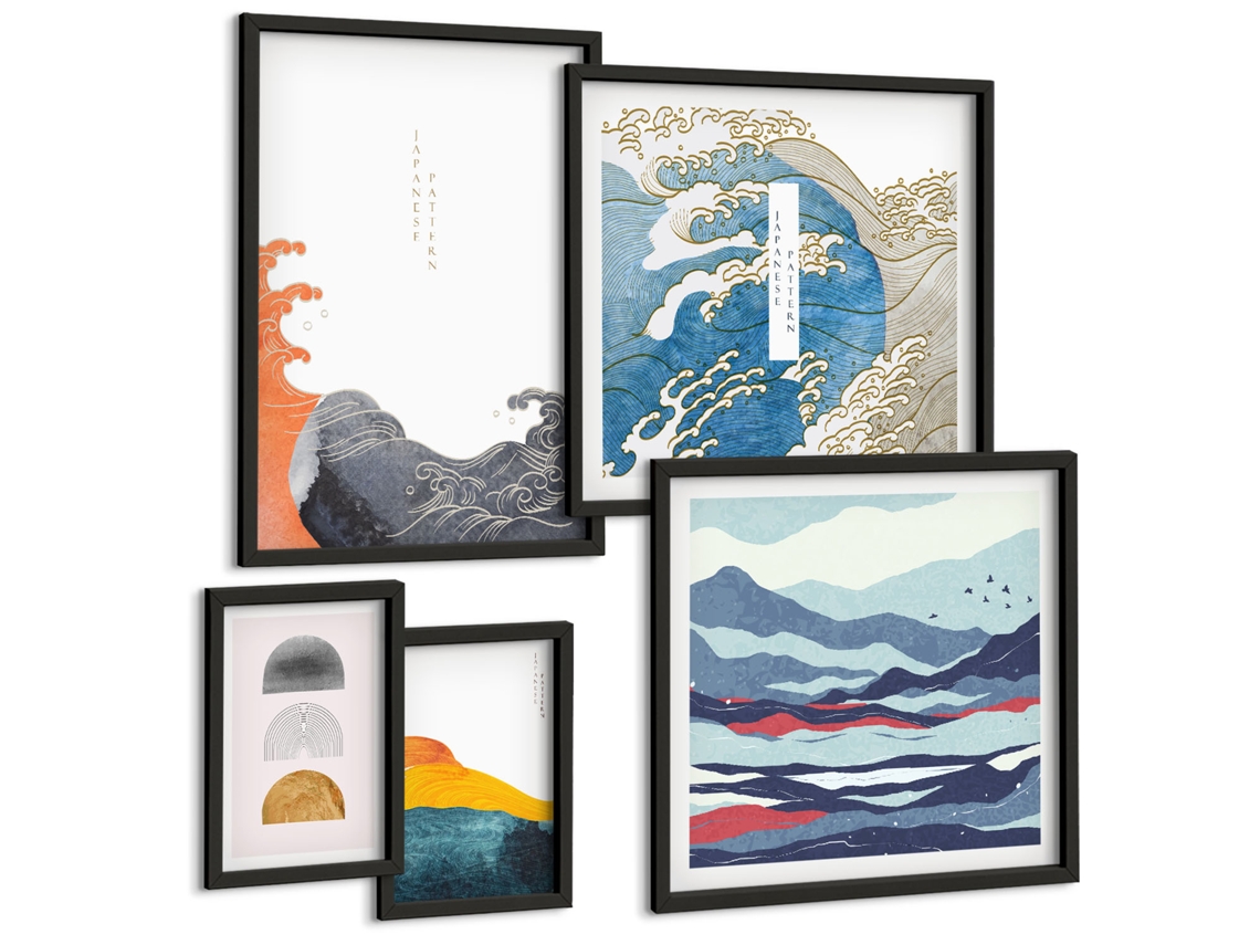 Conjunto De Pinturas Estilo Japonês Ondas Montanhas Decorações Espelharte (5 Peças)