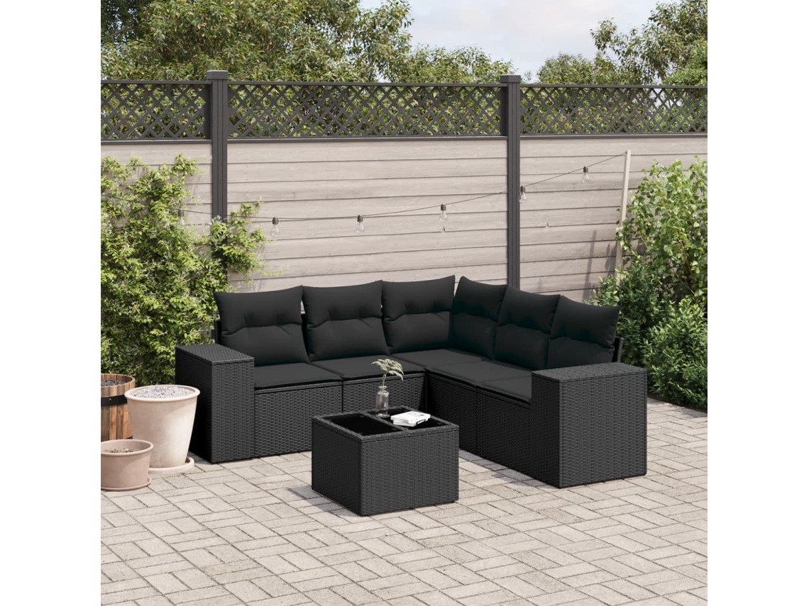 Vidaxl 6 Pcs Conjunto Sofás De Jardim C/ Almofadões Vime Pe Preto