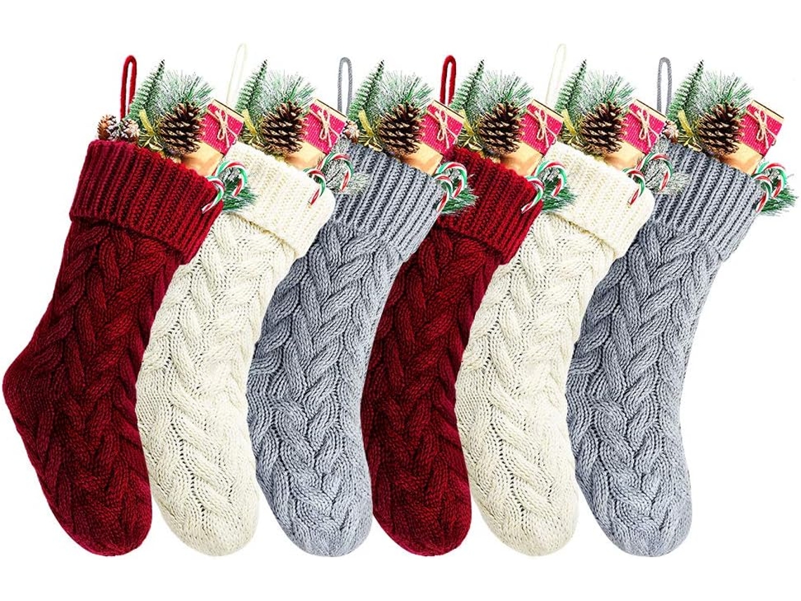 Meias De Natal De Tricô De 18 Nas Cores Vinho, Marfim E Cinza, 6 Pares SUNNY SPACES