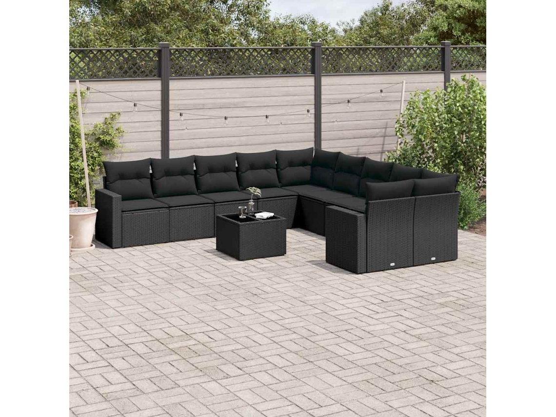 Vidaxl 11 Pcs Conjunto Sofás De Jardim C/ Almofadões Vime Pe Preto