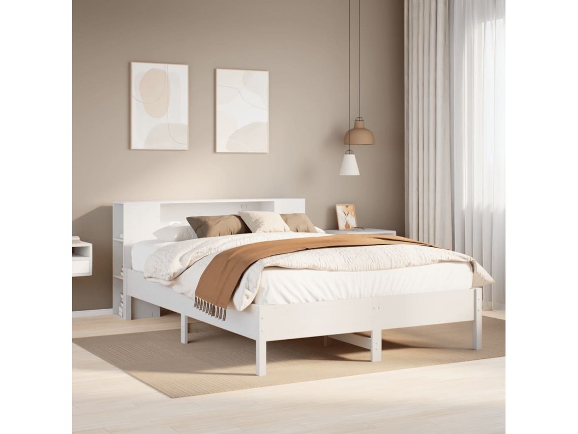 Cama Com Estante Sem Colchão 160x200 Cm Pinho Maciço Branco