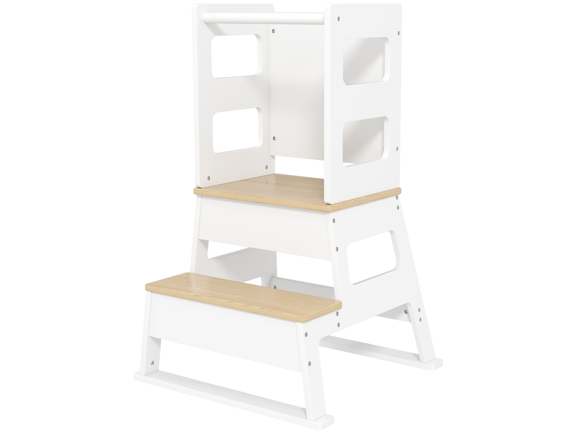 Torre De Aprendizagem Para Crianças Dos 3-6 Anos Com Quadro E Grade De Segurança Para Cozinha E Casa De Banho 55x52,5x87,5 Cm Branco