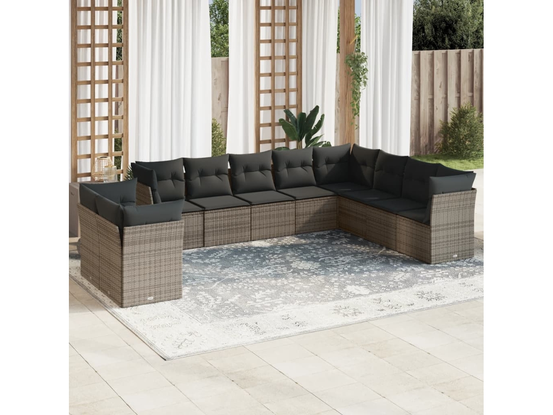 10 Pcs Conjunto Sofás De Jardim C/ Almofadões Vime Pe Cinza Dkd Home Decor