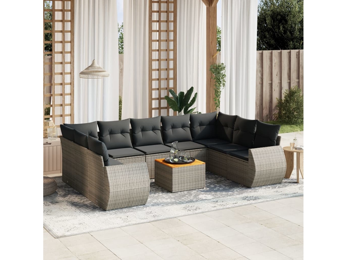Vidaxl 10 Pcs Conjunto Sofás De Jardim C/ Almofadões Vime Pe Cinzento