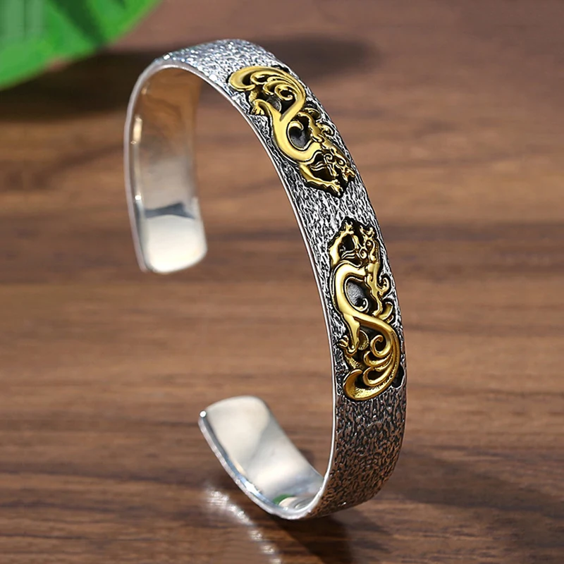 Pulseira Da Sorte Masculina Com Dragão Duplo Banhado A Ouro E Prata Tibetana, Estilo Retrô Punk, Ajustável.