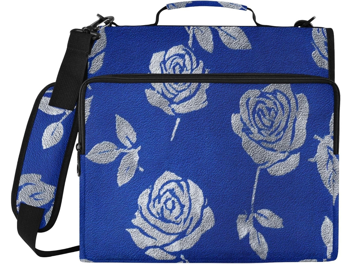 Elegante massa azul marinho com detalhes em prata e rosa, com 3 anéis de 8 cm, sacos adicionais, alça, diversos