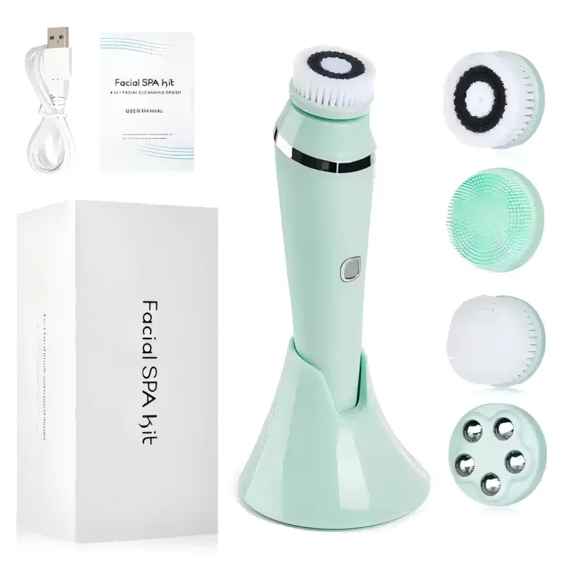 (verde Claro) Escova De Limpeza Facial Elétrica 4 Em 1, Massageador Facial À Prova D'água