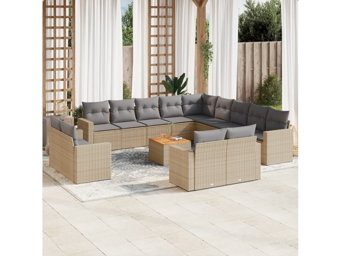 Vidaxl 14 Pcs Conjunto De Sofás P/ Jardim Com Almofadões Vime Pe Bege