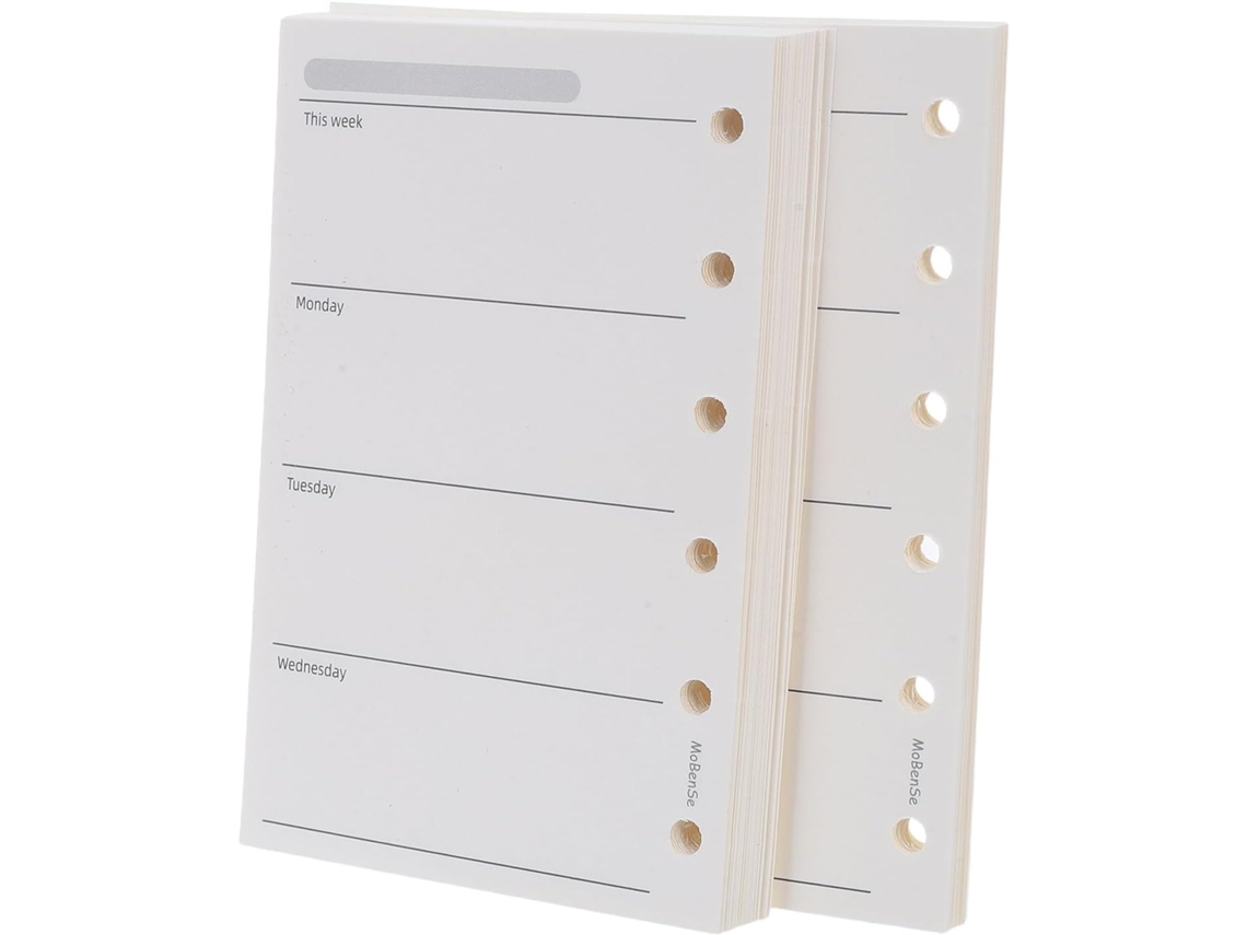 Agenda de Carga A7 com 200 folhas semanais, papel 120gsm, formato 4,7x3,1, em sacos, 6 folhas destacáveis.