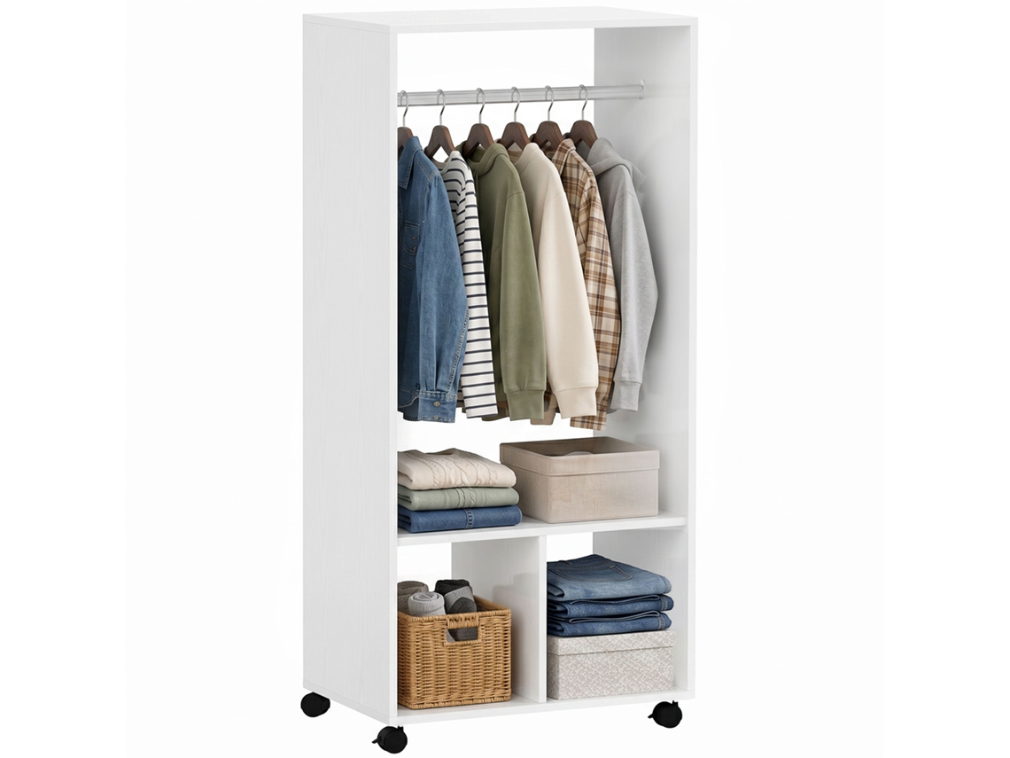Mobile Appendiabiti Con Barra In Alluminio E 2 Ripiani Aperti, In Truciolato, 60 X 40 X 128 Cm, Bianco