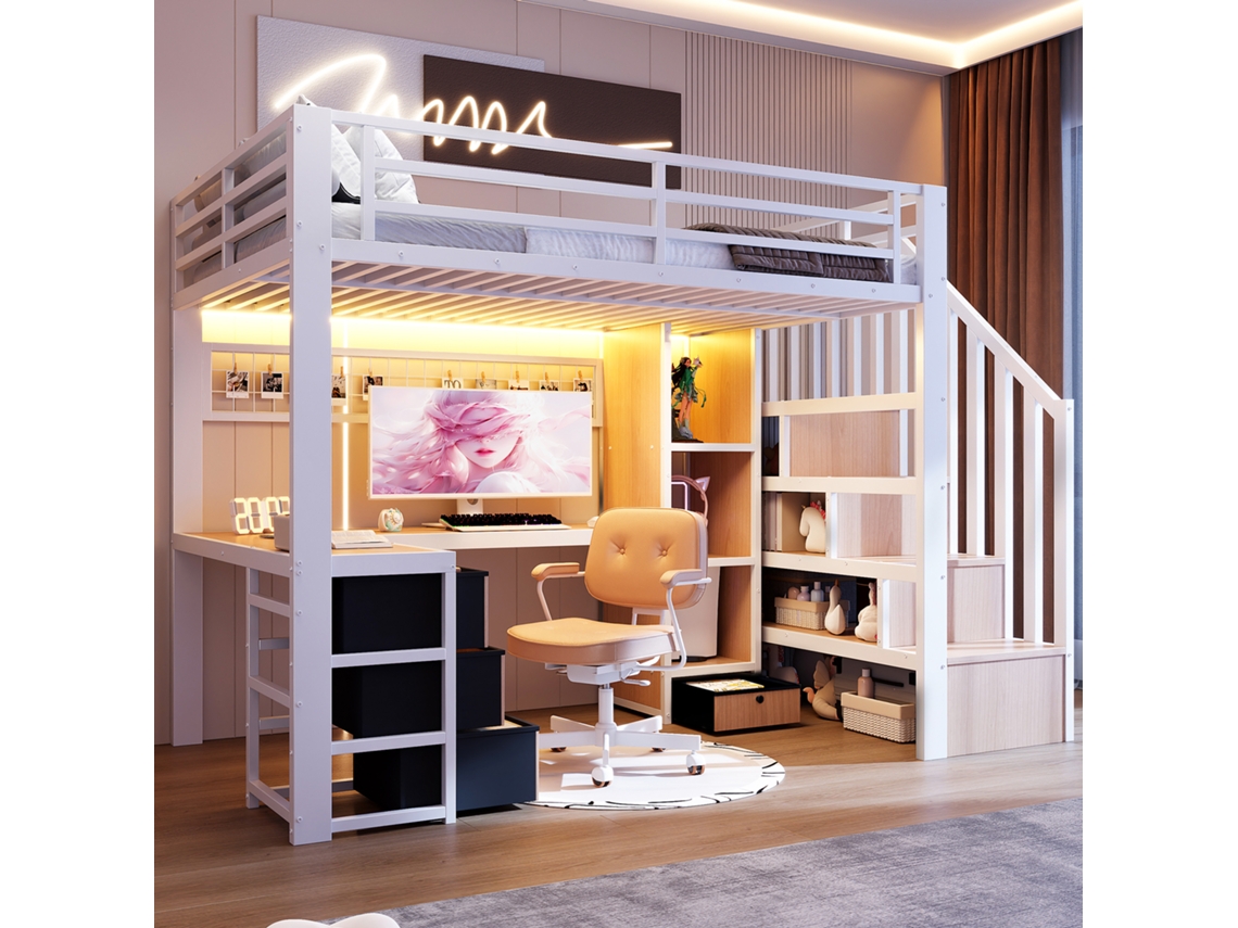 Hochbett 90x200cm Com Ferro Gavetas Prateleira Led Escritório Branco