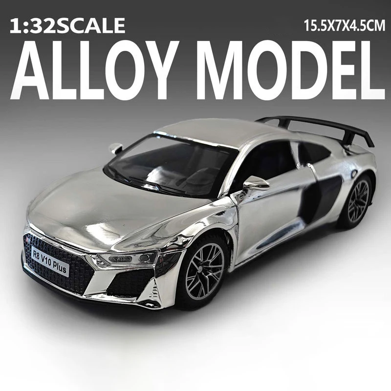 (r8 Prata) 1:32 - Miniatura De Carro Esportivo, Portas Que Abrem, Com Efeitos Sonoros E De Luz.