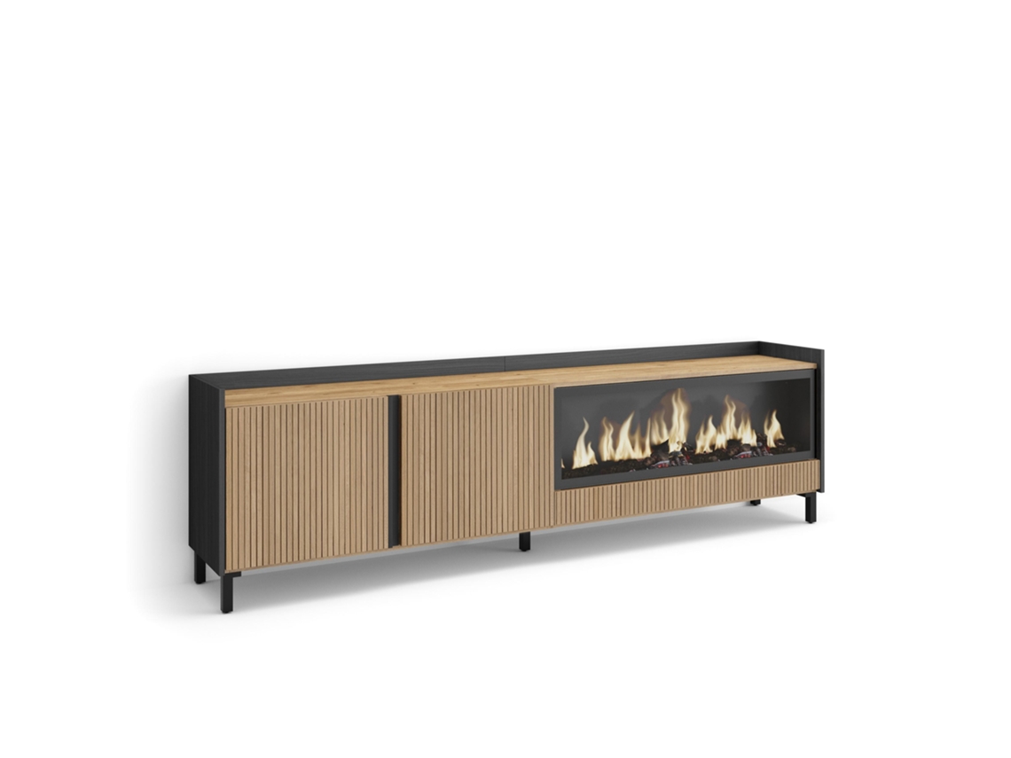 Móvel De Tv, 212x35x61cm, Para Televisores Até 80", Lareira Eléctrica Xxl, Design Industrial, Carvalho E Preto