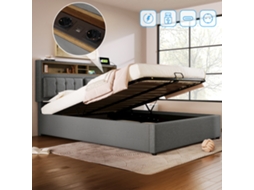 Cama de Solteiro VSOGA 90x200 cm com Cabeceira, Led, Usb, Cômoda, Veludo Cinza, Colchão